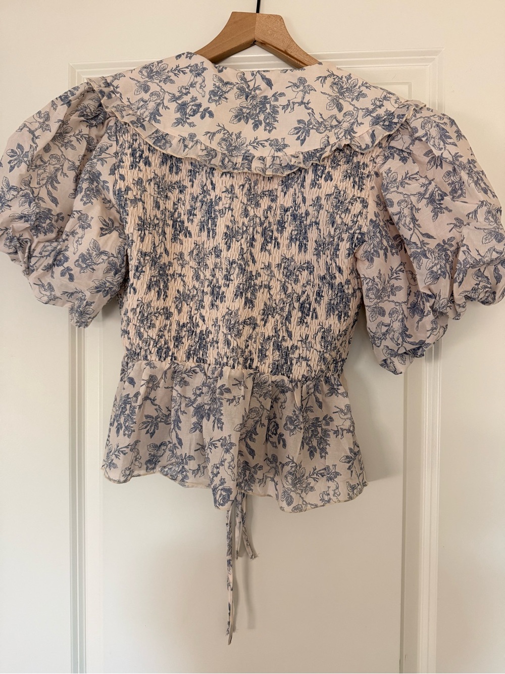 Smocked Floral Tie-Front Blouse in Cream and Blue - Picture 3 of 4